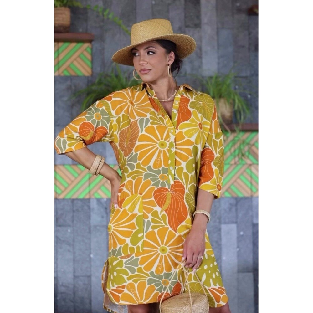 NWOT Simply Sisters Lola Hawaiian Retro Floral Matisse Linen Blend Dress XS
